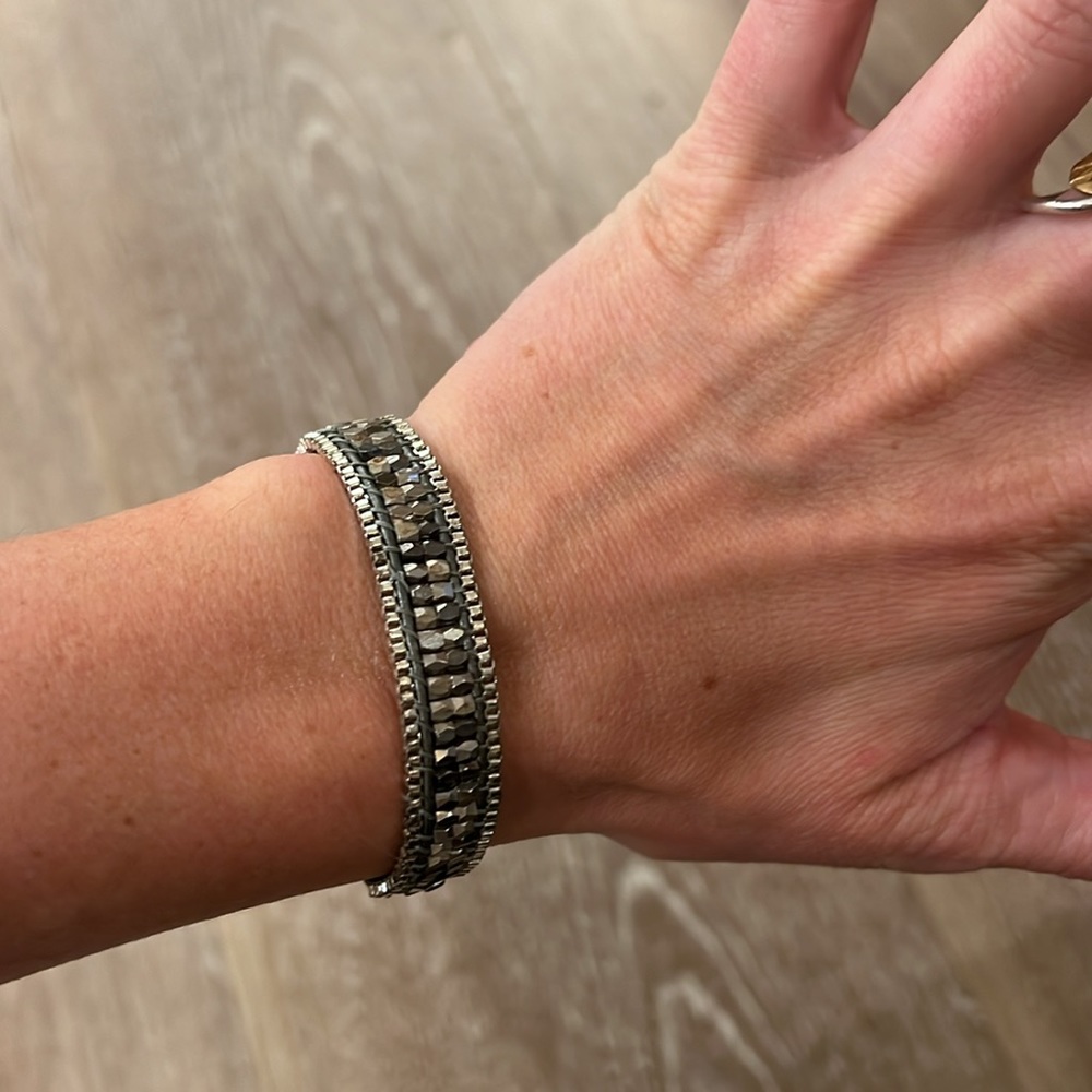 AllSaints Beaded Snap Bracelet | Gunmetal Crystal Wrap | Adjustable Leather